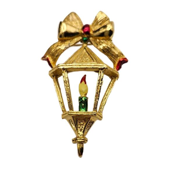Vintage Enamel Christmas Lantern Brooch, 2.5" Tall - Picture 9 of 10
